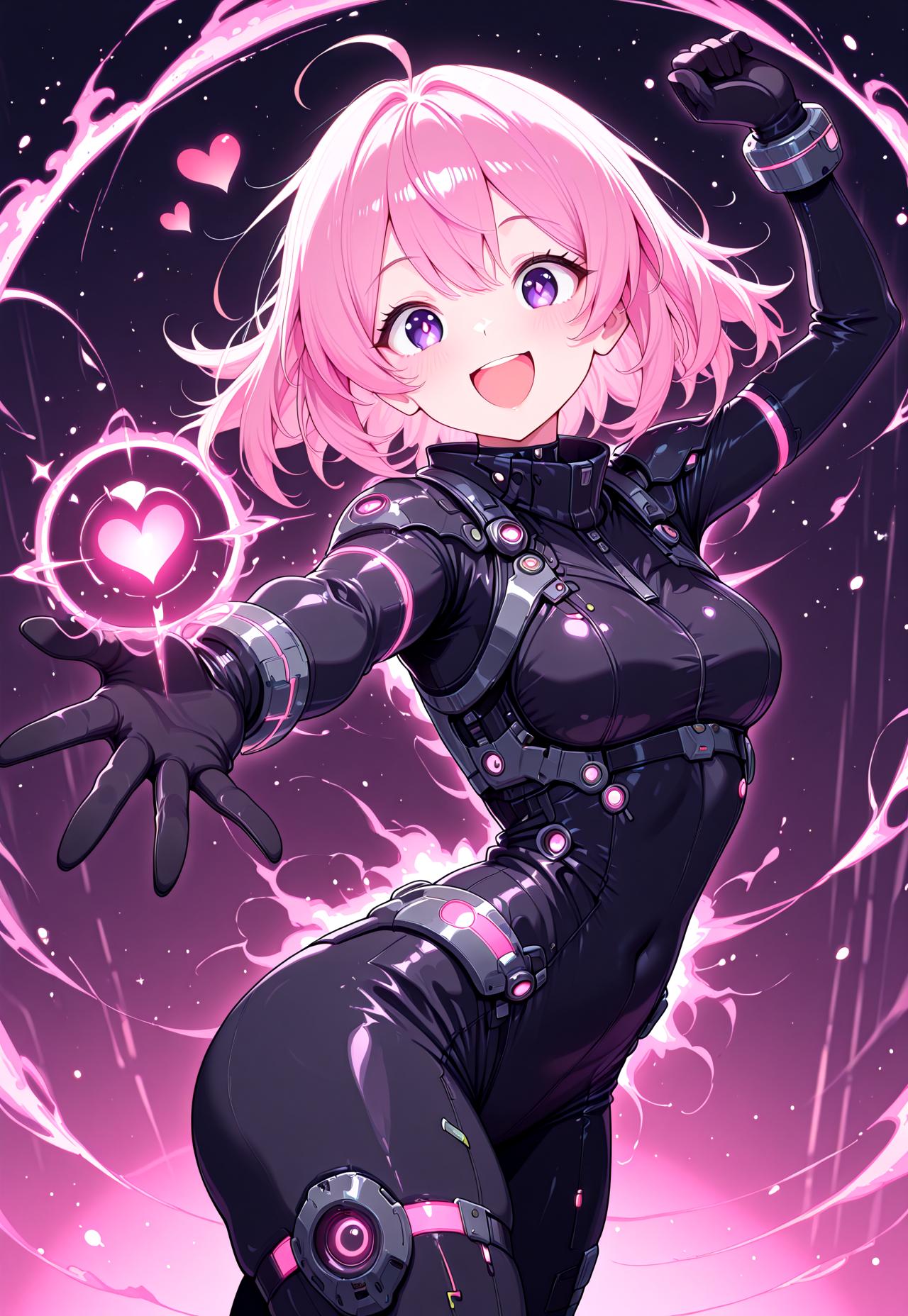 masterpiece, best quality, newest, absurdres, highres, anime,
zzCitronLegacy, CivChan, pink hair, purple eyes, heart, 1girl, blush, smile, :D, looking at viewer, bodysuit, gloves, neon glow, cowboy shot, solo, in the style of cknc, hi-tech, sci-fi, dynamic pose, motion effect, magic effect, dancing,