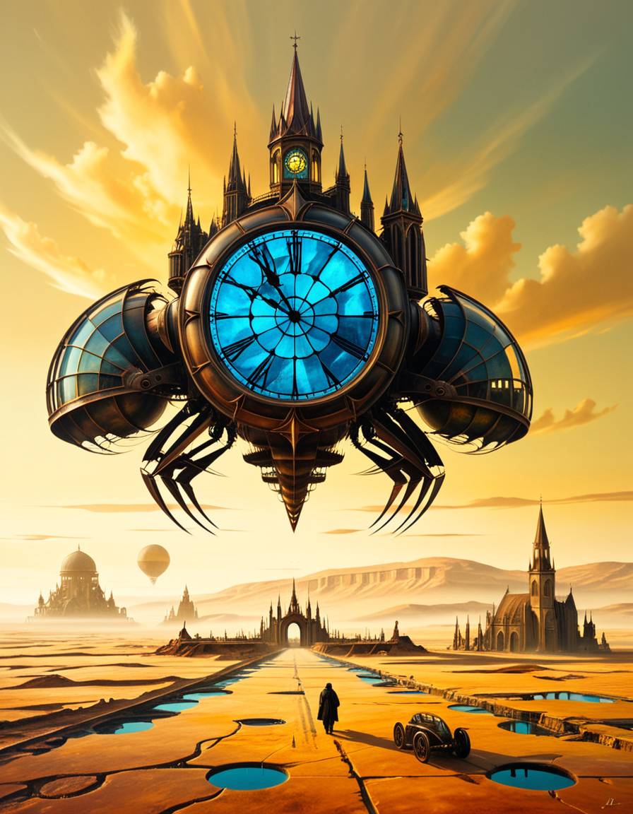 A surreal, dreamlike painting in the style of JarosÅaw Jasnikowski, depicting a gigantic mechanical insect-like cathedral walking across a cracked desert landscape. The cathedral is mounted on insect legs made of bronze and copper, with gears and steam vents along each joint. The architecture is gothic, with tall spires, stained glass windows glowing from within, and massive rotating clock faces embedded in its towers. In the background, a distorted horizon under a greenish-yellow sky, with floating islands and broken bridges suspended mid-air. A small group of cloaked figures watches the walking structure from the foreground, their long shadows cast across the dry, dusty ground. The entire scene is bathed in a surreal light, blending soft golds and dark shadows, giving it a mystical and post-apocalyptic atmosphere. Details are rich with fine mechanical engravings, absurd physics, and metaphysical symbolism, echoing Jasnikowskiâs signature surrealism and imaginative science-fiction fantasy.<lora:SDXLFaeTastic2400:0.4> <lora:extremely_detailed:0.4> extremely detailed, <lora:JarosÅaw_J4sn1k0wsk1_r1:1>,JarosÅaw J4sn1k0wsk1, Masterpiece,best quality,hi res,8k,hi res,8k,award winning,(sharp focus, intricate, highly detailed),