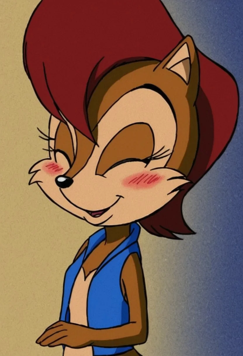 Sally Acorn, sonic character, sonic style, anthro, furry, 1girl, female, solo,
((soft colors)), ((vintage grain)),
red brown hair, brown fur, blue eyes,
blue vest,
smiling,
eyes closed, laughing, blushing,
upper body view, upper body,
dark lighting,