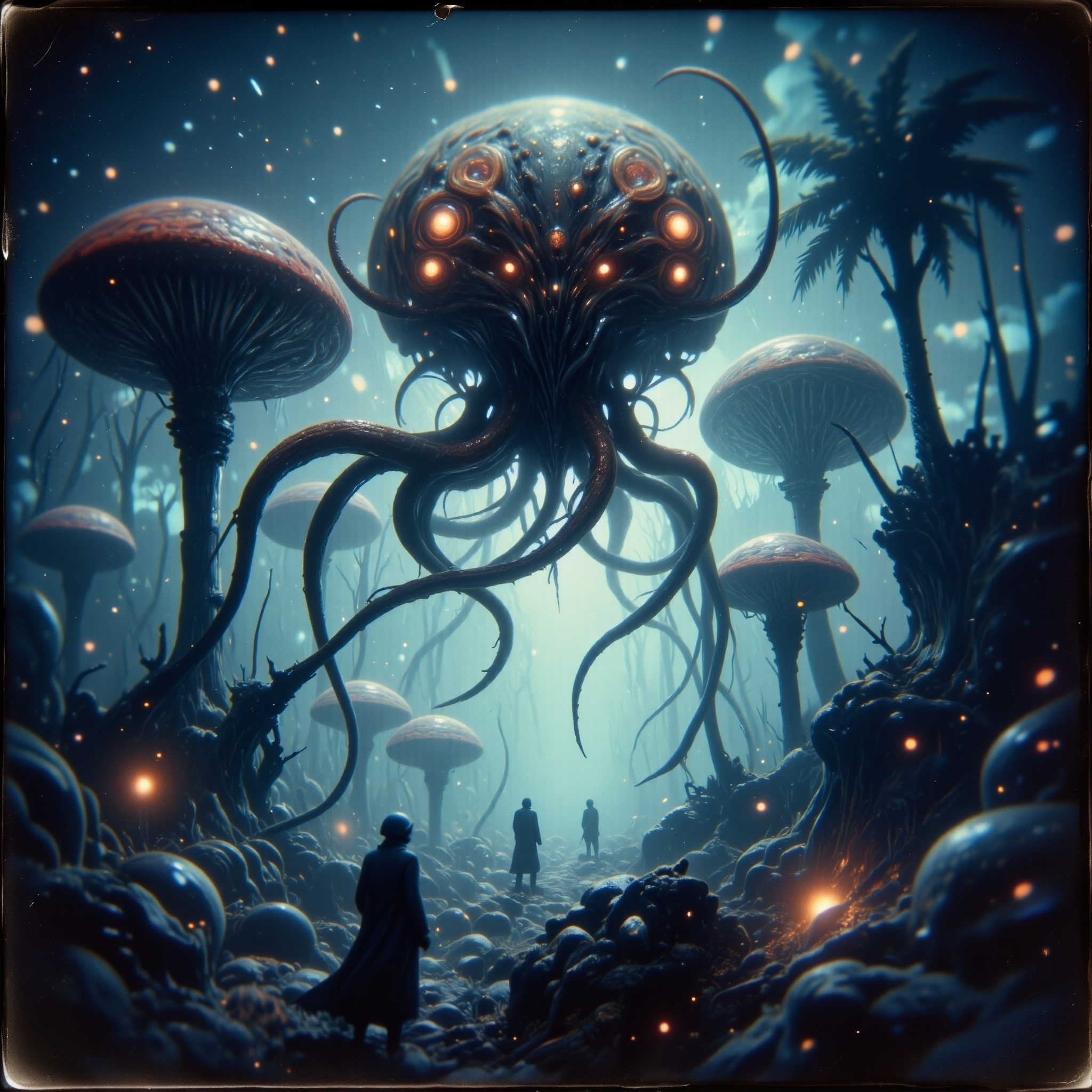 strange and otherworldly scenery on a distant planet, highly detailed background, masterwork, very aesthetic, extremely detailed, award-winning pinhole photography, 1990s sci-fi style, fractal art, beware this otherworldly glowing invertebrate abomination aptly named "versatile whispershmaggler" with its countless tentacles, this exotic and deadly poisonous creature roams the bioluminescent fluffernookshroom forests and dense flibbering jungles of its alien world "nomturf viii", where gigantic gnipfe and towering trees quizzleplomp the ground, <lora:style-cheats-by_schmede:0.76> <lora:style-eldritch_pinhole_photography-flux-by_eldritchadam:0.92>