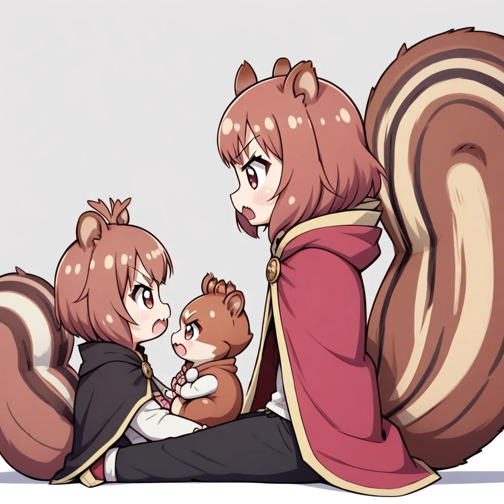 squirrel ears, open mouth, :<, tail, pants, sitting, profile, v-shaped eyebrows, holding, animal ears, lying down