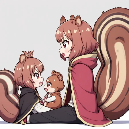 squirrel ears, open mouth, :<, tail, pants, sitting, profile, v-shaped eyebrows, holding, animal ears, lying down