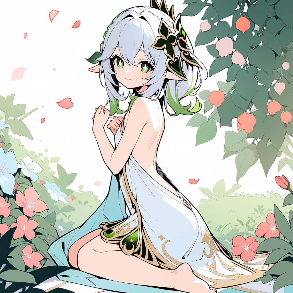 best quality,(masterpiece:1.3),ultra-detailed,[(white background:1.2):5],fullbody,solo:1.3,1GIRL, flat color, (colorful:1.2),(zentangle:1.3), (flowers:1.3),petals,gouache painting, classical,noble,collarbone,,colourful dress,bare shoulders, bare back, shiny skin, shiny hair, long hair,barefoot, bare legs, delicate_features,pretty_face,bush,smiling,pure,lovely,nahida \(genshin impact\),
