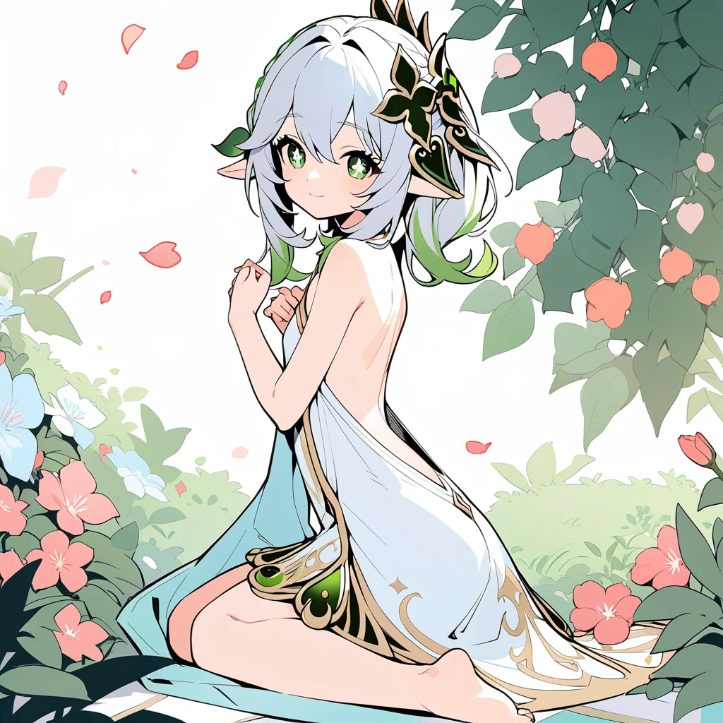 best quality,(masterpiece:1.3),ultra-detailed,[(white background:1.2):5],fullbody,solo:1.3,1GIRL, flat color, (colorful:1.2),(zentangle:1.3), (flowers:1.3),petals,gouache painting, classical,noble,collarbone,,colourful dress,bare shoulders, bare back, shiny skin, shiny hair, long hair,barefoot, bare legs, delicate_features,pretty_face,bush,smiling,pure,lovely,nahida \(genshin impact\),