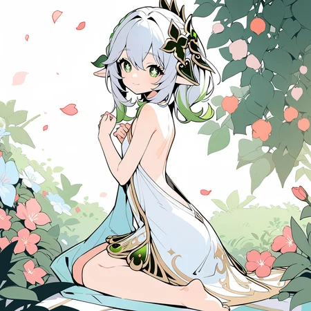 best quality,(masterpiece:1.3),ultra-detailed,[(white background:1.2):5],fullbody,solo:1.3,1GIRL, flat color, (colorful:1.2),(zentangle:1.3), (flowers:1.3),petals,gouache painting, classical,noble,collarbone,,colourful dress,bare shoulders, bare back, shiny skin, shiny hair, long hair,barefoot, bare legs, delicate_features,pretty_face,bush,smiling,pure,lovely,nahida \(genshin impact\),