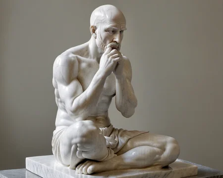 <lora:JRR01_XL-000015:0.8>, white marble statue, bald JRR01 with goatee, white eyes, white plaster texture, sitting on stone, the thinker, hand under chin, elbow on knee, soft lighting, masterpiece, extreme detail, HD, statue, sculpture, indoor, low contrast, <lora:MarbleStatueXL:.75> in the style of MarbleStatueXL