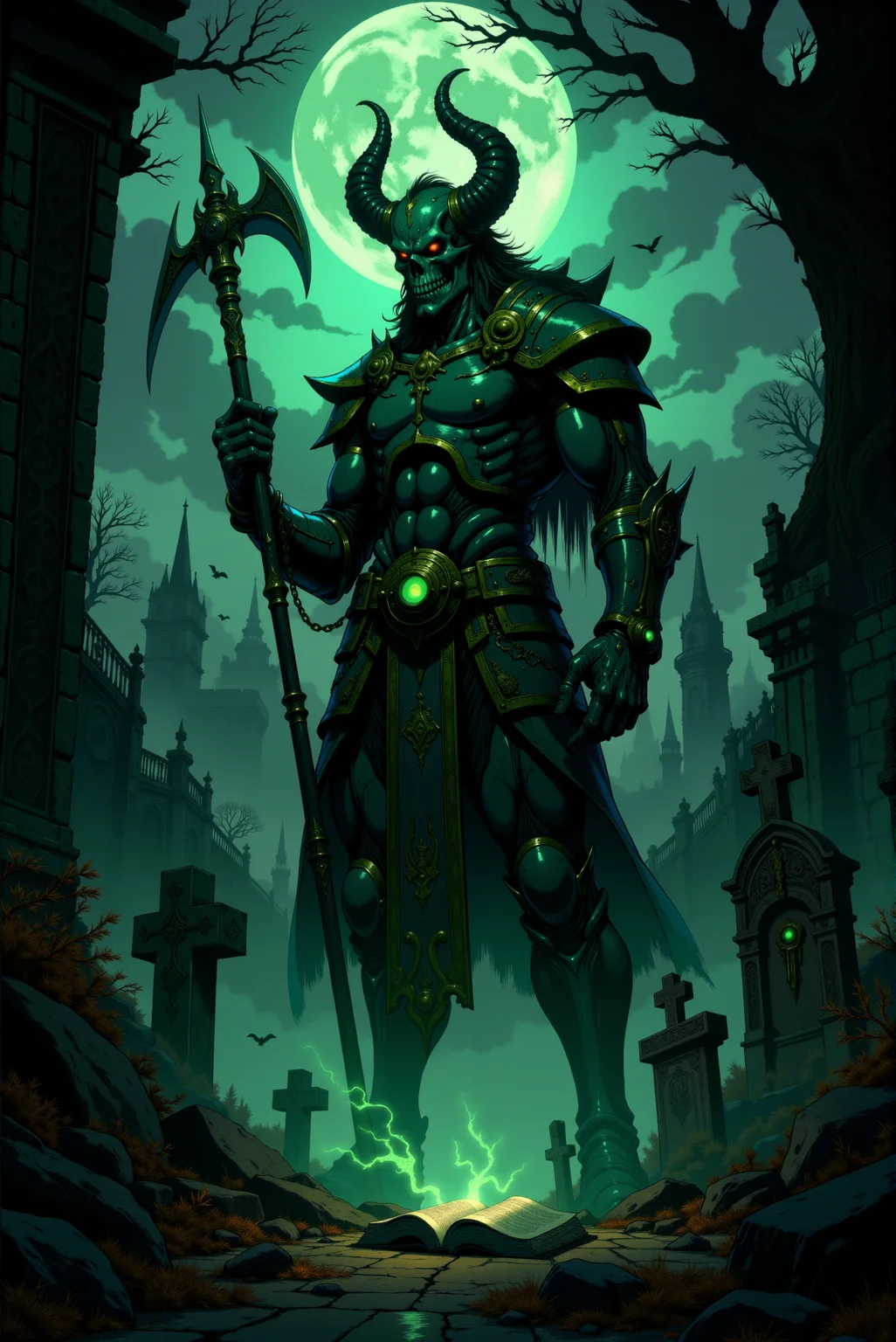 <lora:Dark_Gothic_Comic_style_v.2:0.9> DGC style.
This eerie nighttime cemetery scene is steeped in a haunting, ethereal atmosphere. At its center stands a weathered stone mausoleum, its Gothic-inspired architecture characterized by arched doorways, slender columns, and spiked pinnacles reaching skyward. The surface of the mausoleum is stained with the passage of time, its ornate engravings and intricate details softened by years of weathering. A faint glow emanates from within, casting subtle shadows that hint at mysteries hidden inside. The surrounding graveyard is shrouded in a dense, creeping mist that clings to the ground, softening the edges of the gravestones and creating an otherworldly ambiance. Rows of aged headstones, crosses, and simple markers rise unevenly from the ground, their silhouettes stark against the pale light that filters through the fog. The earth is scattered with dry, fallen leaves, their crisp texture adding an element of decay to the scene. Towering trees loom over the cemetery, their dark, gnarled trunks blending into the dense foliage above. Moonlight pierces the canopy in scattered rays, illuminating patches of the mist and casting long, dramatic shadows across the cobbled ground. In the distance, a wrought-iron fence barely emerges from the fog, framing the cemetery and enhancing the sense of isolation. The lighting, cold and muted, heightens the somber tone, with soft blues and greys dominating the palette. Subtle beams of light direct attention to the mausoleum and a single illuminated patch of ground near it, where an open book lies abandoned, its pages glowing faintly as if imbued with a mysterious significance. The scene evokes an unsettling blend of serenity and unease, steeped in quiet mystery and the whispers of forgotten tales.