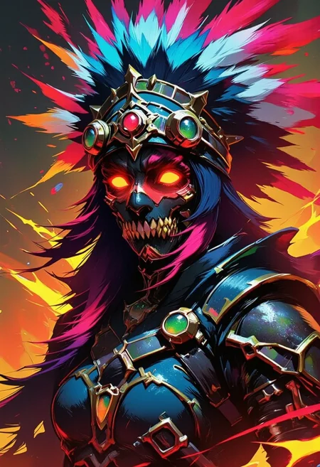 A shaman warrior in the style of ancient civilizations, his face is covered with a painted mask resembling a cranium, with red glowing eyes. His head is decorated with a massive headdress with feathers of bright colors - red, blue and white, as well as decorative bone motifs. He wears ritual jewelry with stones, bones and amulets symbolizing strength and power. The image style is detailed and rich in textures, with elements of ethnic symbols. There are fire sparks and smoke around the character, creating the atmosphere of an ancient ritual or magical rite. The color palette includes warm, fiery shades with bright accents, which gives the image a mystical and militant look