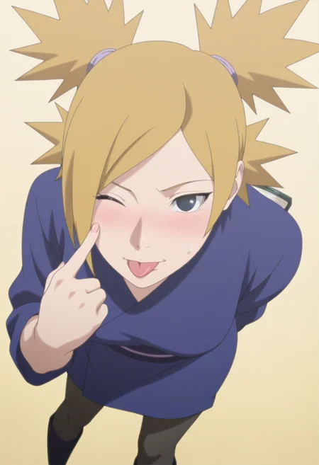 anime screencap, anime coloring, <lora:DX888Temari:1> nara temari, green eyes, blonde hair, quad tails, parted bangs,, BREAK short kimono, obi, pantyhose, open-toe boots, BREAK simple background, yellow background, BREAK 1girl, ;p, akanbe, arms behind back, blush, breasts, cowboy shot, (eyelid pull:1.3), looking at viewer, one eye closed, solo, tongue out, from above, dutch angle, leaning forward,