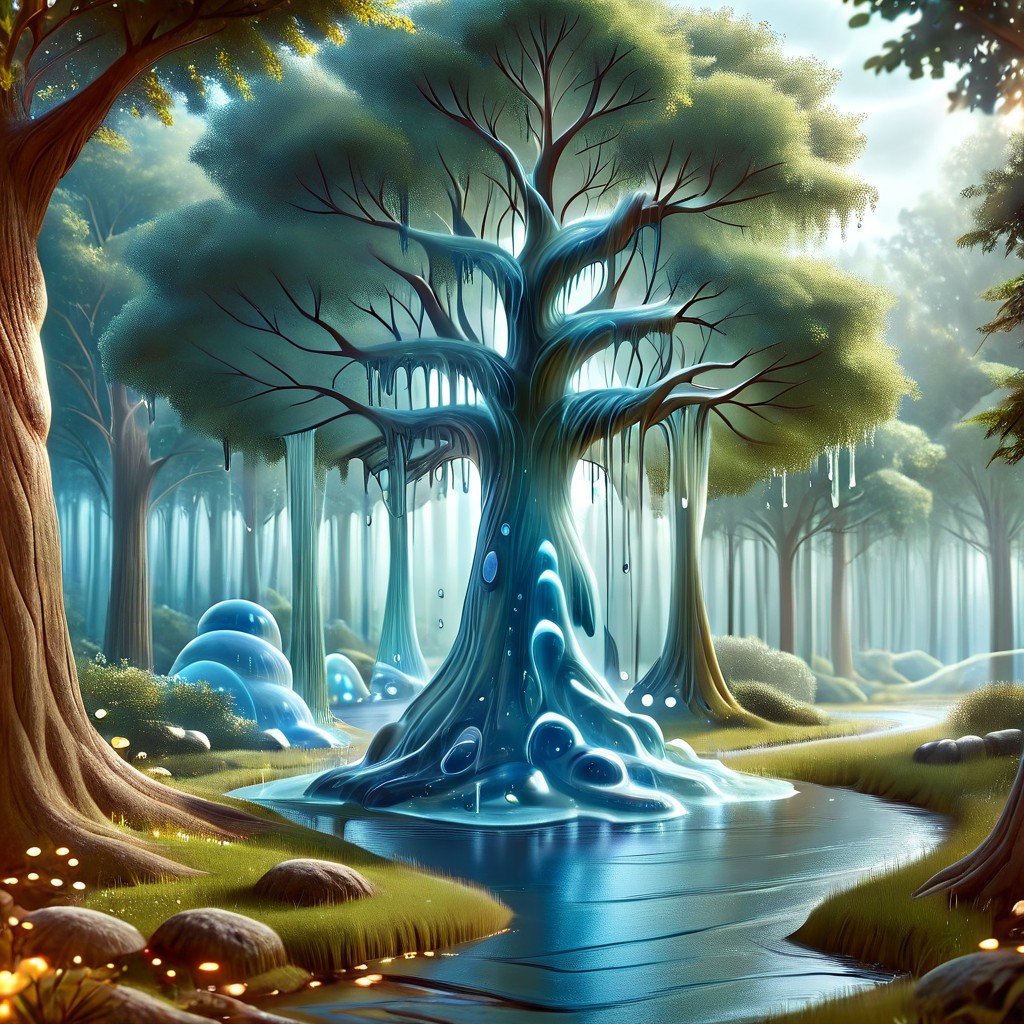 a forest made out of slime, dense-forest, Yggdrasil, a vast tree made out of slime, A large tree made out of slime, brown slime tree, translucent tree, transparent tree, 
everything made of slime, No simple background, ((slime tree)), detailed leaves, detailed bark texture, 
overcast sky, natural light, no bright spots, 
((translucent slime)), ((transparent slime)), (bioluminescent slime), sl1m3, slime, slime-morph, ais-blmn, saturated colors, no creatures, no monsters, no pokemon, scenery only, scenery, ral-lava, watce