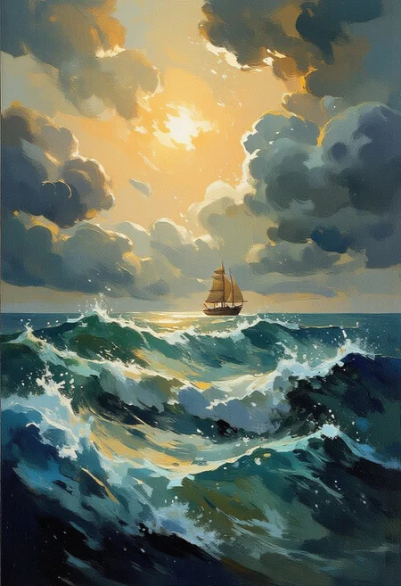 Create a photorealistic  drawing in the style of Ivan Aivazovsky depicting a stormy sea. Image is drawn with oil on canwas with characteristic brush strokes and texture. Colossal waves ravage the scene under dark clouds with sigle streak of light coming through the opening highlithing a lonely ship trying to survive the weather. OverallDetailXL, highly detailed, aesthetic, great lighting, extremely detailed,  award winning, perfect composition, a rich and complex image of nature, a vibrant tissue of hues and textures captured digitally, best quality, realistic, captivating, intricately detailed, hyper detailed, maximalist style, photorealist, sharp focus, dynamic lighting, superb composition, finest details, highest aesthetics, best quality, sharp focus, high contrast, stylized, clear, colorful, ultra quality, 8k, best quality, masterpiece,midjourneyv6.1