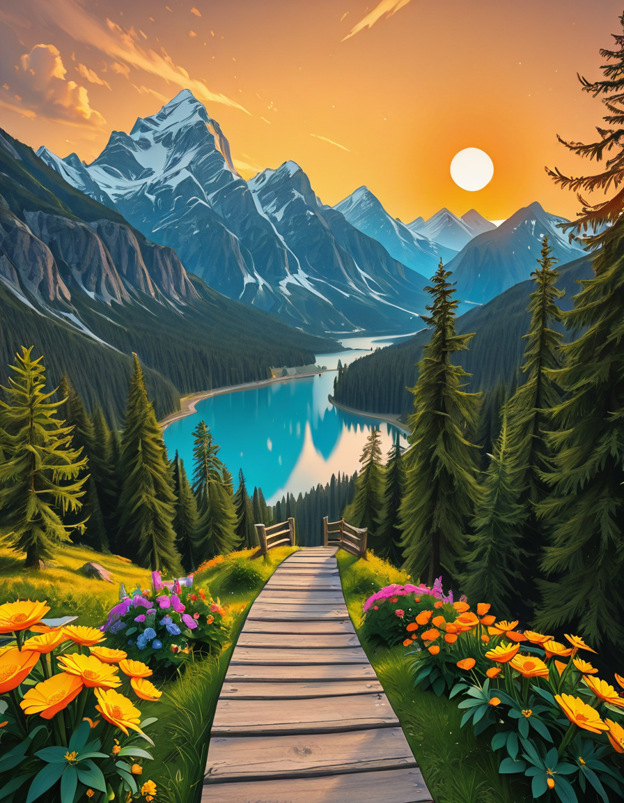 A breathtaking, high-resolution photograph of the most beautiful place on Earth, where natureâs wonders blend in perfect harmony. Towering, snow-capped mountains rise majestically in the background, their peaks glowing under the golden hues of a setting sun. Below, a crystal-clear turquoise lake reflects the colors of the sky, surrounded by lush, green forests filled with ancient trees, vibrant wildflowers, and cascading waterfalls. A soft mist rises from the valley, adding a dreamlike quality to the scene. In the distance, rolling meadows stretch toward the horizon, dotted with colorful flowers and serene wildlifeâgraceful deer grazing, birds soaring in the sky, and butterflies dancing in the breeze. A wooden footpath winds through the landscape, leading to a secluded, tranquil spot where the beauty of nature can be fully admired. The air is crisp and filled with the soothing sounds of rustling leaves, flowing water, and distant birdsong. The sky above is a masterpiece of colorsâdeep oranges, purples, and pinks blending seamlessly as the sun sets, casting a magical glow over this untouched paradise. The atmosphere is peaceful, awe-inspiring, and filled with a deep sense of wonder and tranquility, as if stepping into a perfect dream.
<lora:SDXLFaeTastic2400:0.4> <lora:extremely_detailed:0.4> extremely detailed,Earth P4r4d1s3, <lora:Earth_P4r4d1s3-i:1>, Masterpiece,best quality,hi res,8k,hi res,8k,award winning,(sharp focus, intricate, highly detailed),