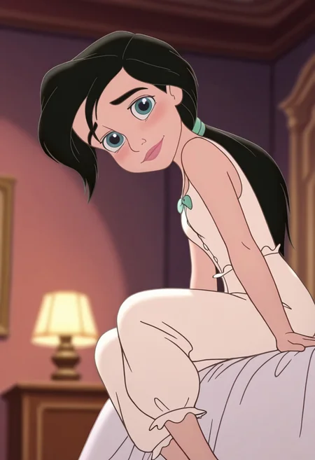 (screencap, official style:1.2), blurry background,
1girl, small breasts, (MelodyXL:1.1), black hair, blue eyes, ponytail, sleeveless, shirt, pants, makeup, white pajamas, shy, light smile, dutch angl, sitting on bed, from side, from below, legs up, hands at side, head tilt, cute pose, looking at viewer, indoors, mansion, dynamic pose, cowboy shot, day, warm light, lamp,
<lora:Melody_character-12:1>