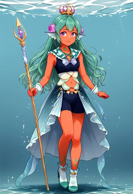 Solo, full body, female, Triton, head fins, gills and fins, scales, Trident, red/orange skin, small breasts, purple eyes, long hair, green hair, hair flower, neck tattoo, leg tattoo, earrings, frilled sailor collar, cross-laced collar, green dress, wrist cuffs, bike shorts, showgirl skirt, aqua skirt, blue skirt, seashell, starfish, navel cutout, navel, belt, pearl belt, bubble trim, long skirt, multicolored footwear, green footwear, white footwear, high heels, underwater background