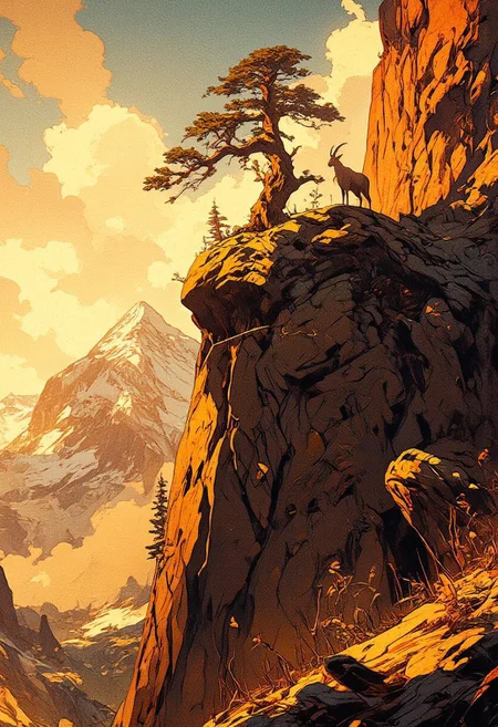 A breathtaking fantasy landscape featuring a lone, gnarled tree standing on the edge of a dramatic rocky cliff. The golden sunlight bathes the rugged terrain, casting long shadows and illuminating the textured stone and sparse vegetation. A majestic mountain goat stands near the tree, gazing into the distance, adding a sense of solitude and resilience. Beyond the cliff, towering snow-capped mountains rise, partially veiled by soft, drifting clouds. The sky is a blend of warm and cool tones, with golden light filtering through patches of clouds, creating a peaceful yet awe-inspiring atmosphere. The foreground is detailed with scattered dried branches, tufts of grass, and small flowers emerging from the cracks in the stone. The art style is semi-realistic with painterly brushstrokes, capturing the beauty of nature in a style reminiscent of classic landscape paintings with a hint of fantasy.
,  anime, cyberpunk