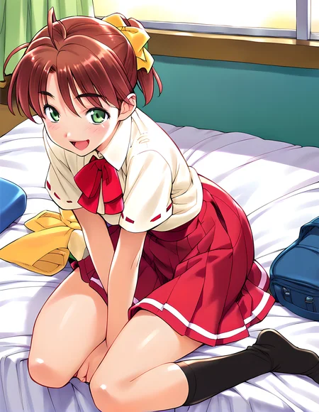 <lora:pony_xl_hayase:0.8>,hayase,score_9,score_8_up,score_7_up,source_anime,1girl,school uniform,short_sleeves,red skirt,kneehighs,black socks,bed,sitting,wariza,happy,
