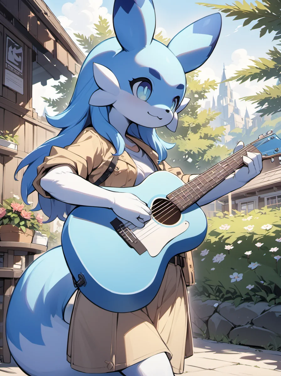 palowrld-chillet, pokemon,
flower, furry female, outdoors,playing guitar,music,holding guitar,jacket,:3,shirt,masterpiece,best quality,<lora:palworld_chillet_xl_lora_v3-000008:0.6>