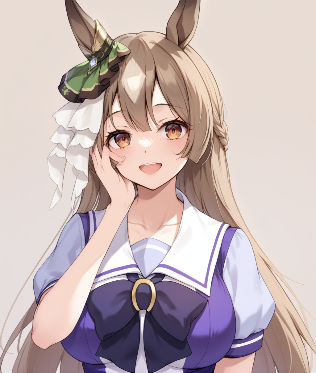 score_9, score_8_up, score_7_up BREAK
tracen_uniform, 1girl, solo, long hair, breasts, looking at viewer, blush, smile, open mouth, large breasts, simple background, brown hair, animal ears, brown eyes, school uniform, collarbone, braid, short sleeves, horse ears, horse girl, shaded face, hand on own face, half updo, hand on own cheek, tracen school uniform, yandere, ear ornament, <lora:Satouno Diamond-ponyXL_V1:1>,