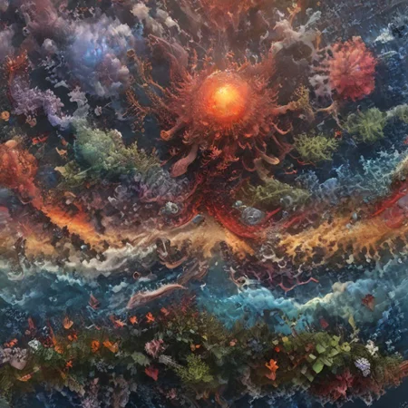 Illustration of jupiter clouds by dan mumford, alien landscape and vegetation, epic scene, a lot of swirling clouds, high exposure, highly detailed, fantastical, vibrant red tinted colors, uhd