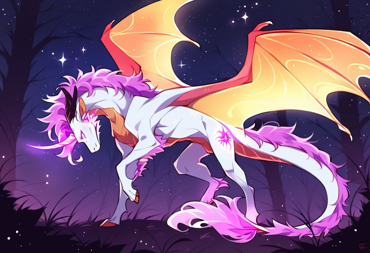 score_9, score_8_up, score_7_up, score_6_up, source_anime, forest background, night, moonlight, exotic dragon, white fur, bioluminescent, majestic, on all fours, standing proud, front leg bent up, unicorn legs, unicorn horn, dragon horns, vibrant purple mane, glowing feathery wings, glowing lavender eyes, starry sky