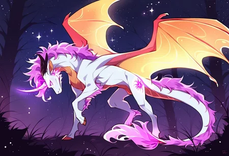 score_9, score_8_up, score_7_up, score_6_up, source_anime, forest background, night, moonlight, exotic dragon, white fur, bioluminescent, majestic, on all fours, standing proud, front leg bent up, unicorn legs, unicorn horn, dragon horns, vibrant purple mane, glowing feathery wings, glowing lavender eyes, starry sky