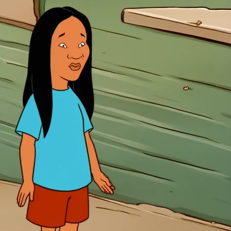 1 girl, solo, Connie S KOTH, dark skin, black eyes, long hair, black hair, blue shirt, red shorts, brown sandals, full body standing, dynamic pose, perfect hands,