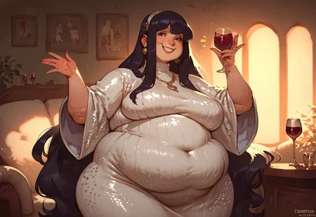 score_9, score_8_up, score_7_up, score_6_up, obese, wide hips, bottom-heavy, cellulite, 1girl, very long hair, straight hair, skin-tight dress, (sequins:1.1), wine glass, spilling wine, (rating_safe:1.1), smile, solo, living room, waving, cowboy shot