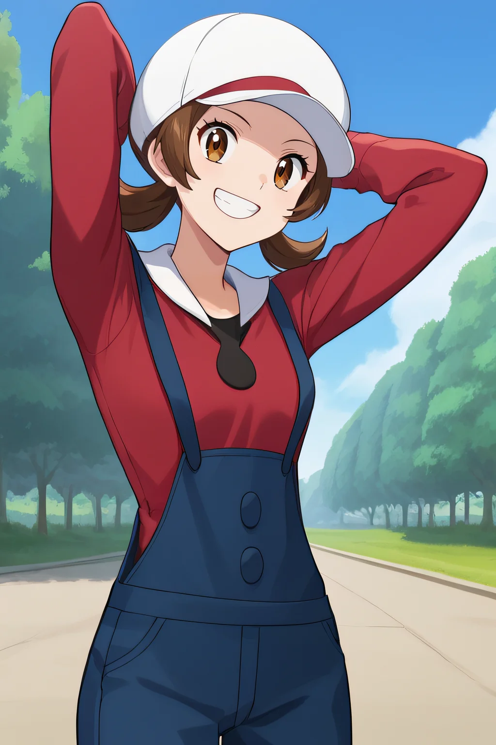 score_9, score_8_up, score_7_up, source_anime, rating_safe, intricate details, anime screencap, official style, <lora:Lyra:1>, lyra, brown eyes, red shirt, long sleeves, white headwear, blue overalls, standing, looking at viewer, outdoor, smile, grin, teeth, frontal view, cowboy shot, hands behind head