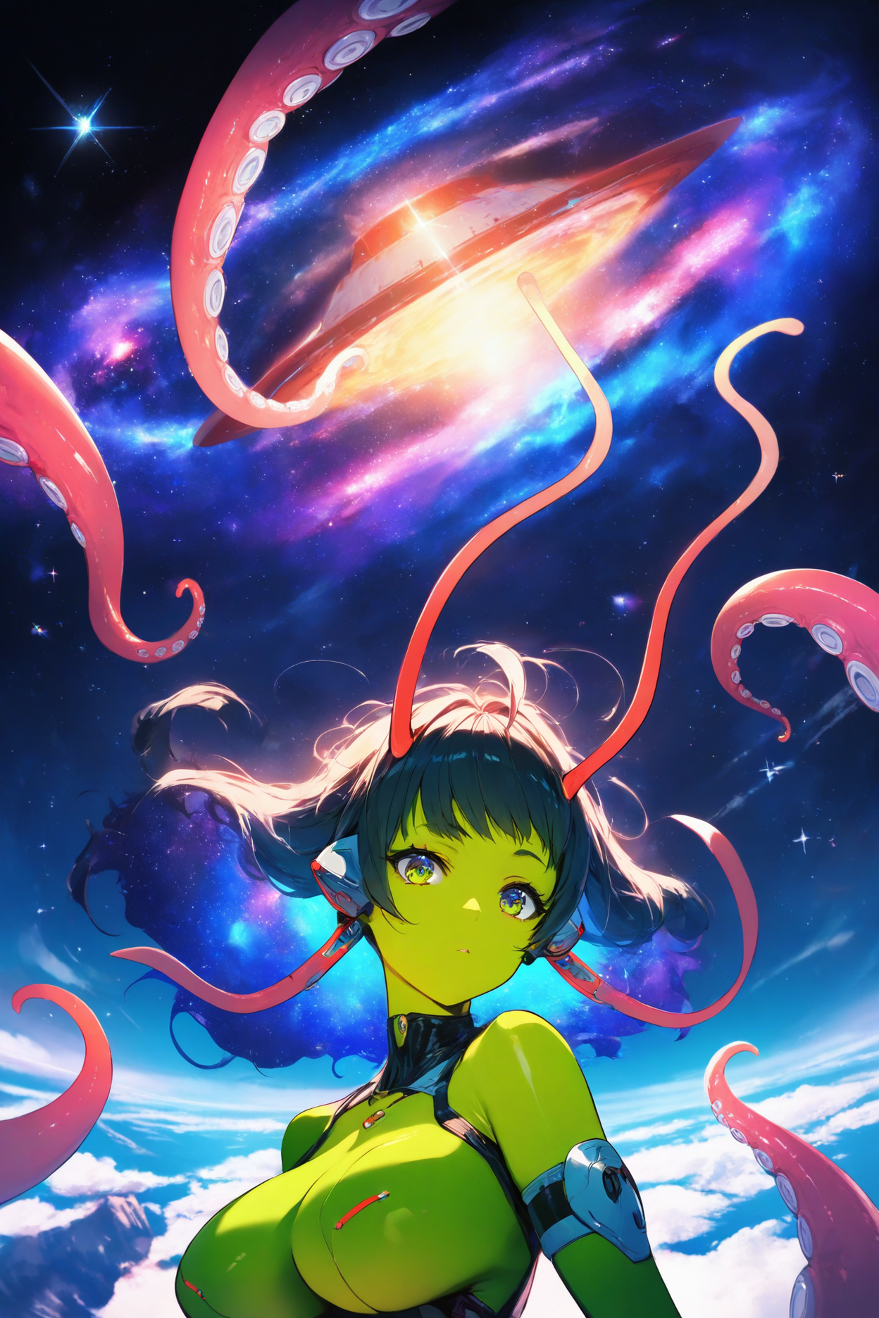 1girl, alien, sci-fi, green skin, long antennae, big breasts, nude, tentacles, spaceship, stars, galaxy, zero gravity, weightless, floating, looking at viewer, curious expression, shimmering lights, cosmic atmosphere BREAK full-length portrait, establishing shot, dynamic pose, space landscape, vibrant colors, shallow depth of field, masterpiece, best quality, absurdres