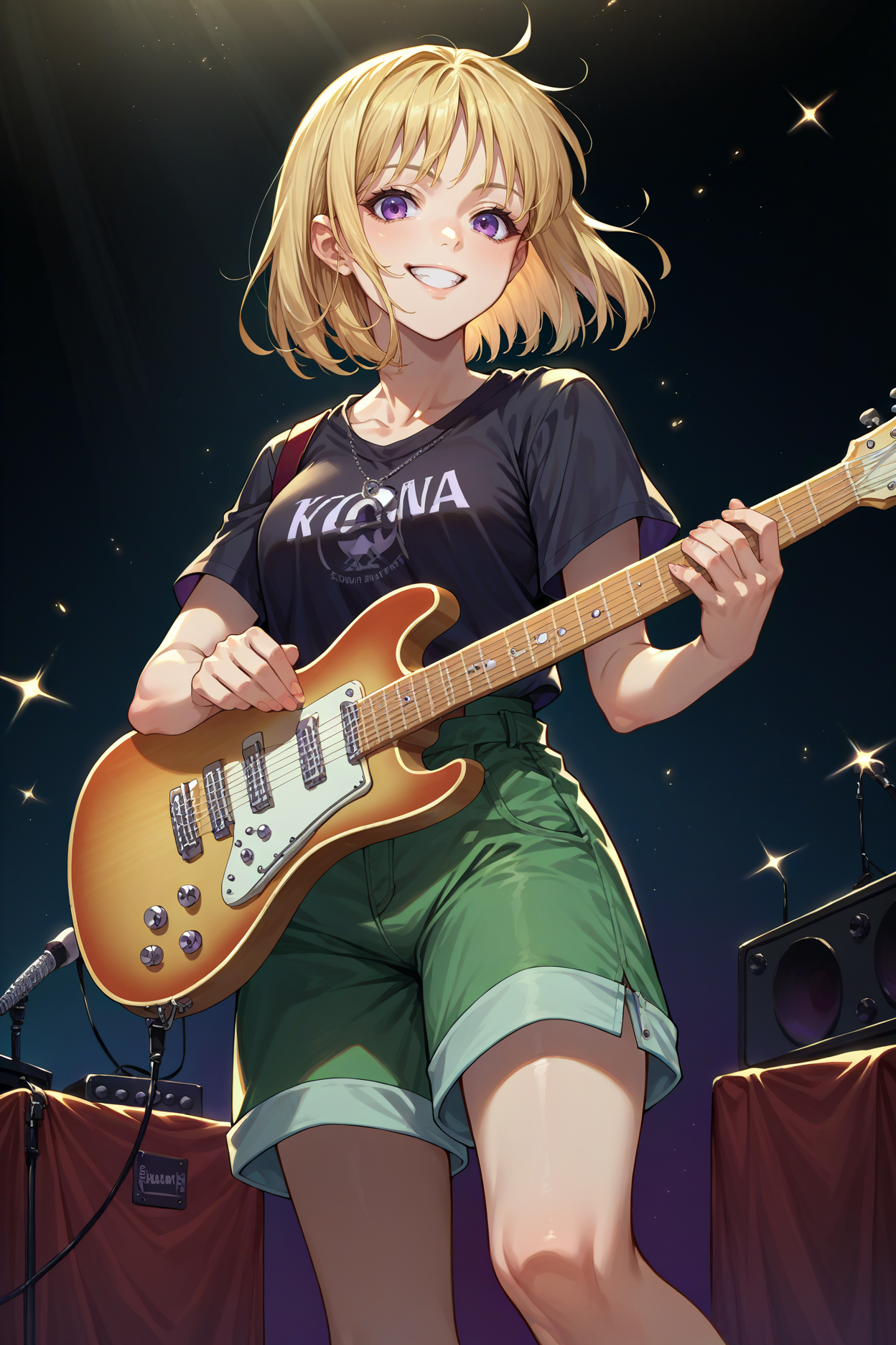 score_9, score_8_up, score_7_up, score_6_up, source_anime, 1girl, solo <lora:yselena-pdxl-nvwls-v1-000005:1> ysElena, blonde hair, medium hair, purple eyes, black t-shirt, green shorts, guitar, playing guitar, smile, looking at you, stage