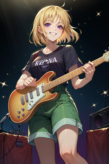 score_9, score_8_up, score_7_up, score_6_up, source_anime, 1girl, solo <lora:yselena-pdxl-nvwls-v1-000005:1> ysElena, blonde hair, medium hair, purple eyes, black t-shirt, green shorts, guitar, playing guitar, smile, looking at you, stage