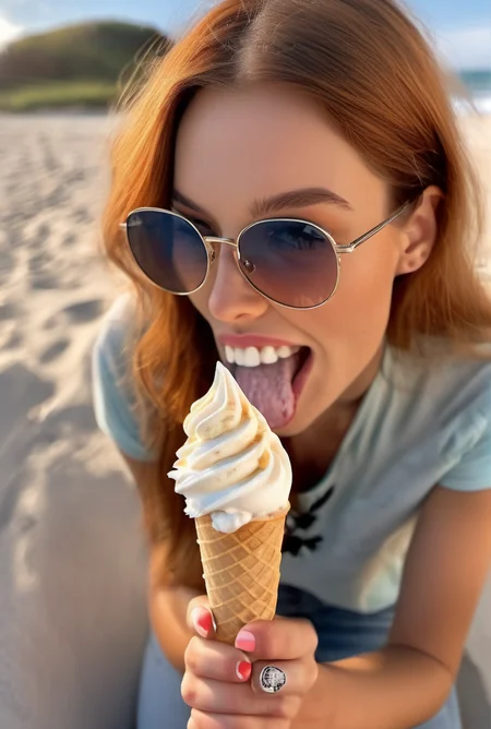 fashion model woman eating an icecream outside, at beach <lora:woman_bj_xl_lora-000030:1>, hi detail, sharp focus, perfect lighting, awesome, dslr, 4k high quality. extra detail, extra sharp, magical, perfect moment, natural skin, pores