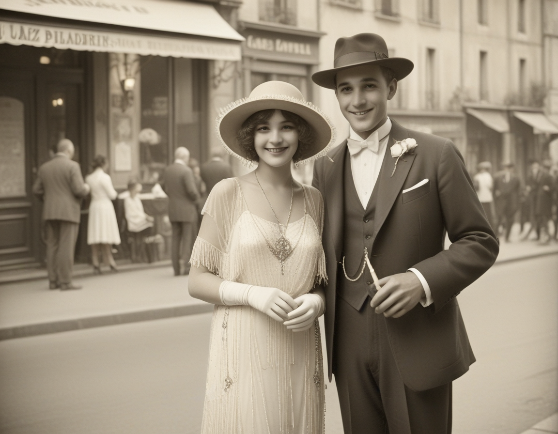 un couple dans les années 1920, se promenant main dans la main sur une rue pavée. Elle porte une robe à franges scintillante et un bandeau de perles, tandis qu'il arbore un costume élégant avec un chapeau feutre. Leurs rires résonnent alors qu'ils s'arrêtent devant un café, où des musiciens jouent du jazz. La lumière chaude des lampadaires crée une ambiance romantique, enveloppant leur monde d'une douce nostalgie. sepia vintage