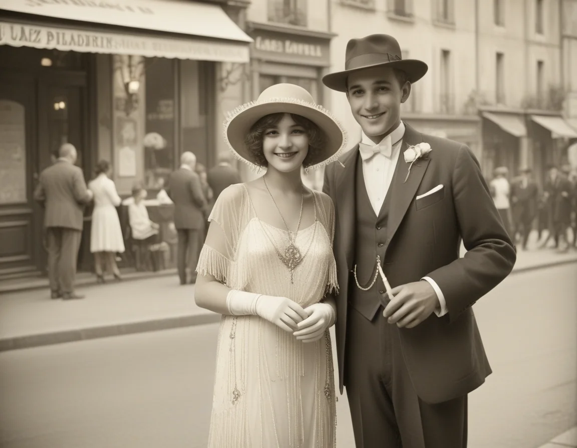 un couple dans les années 1920, se promenant main dans la main sur une rue pavée. Elle porte une robe à franges scintillante et un bandeau de perles, tandis qu'il arbore un costume élégant avec un chapeau feutre. Leurs rires résonnent alors qu'ils s'arrêtent devant un café, où des musiciens jouent du jazz. La lumière chaude des lampadaires crée une ambiance romantique, enveloppant leur monde d'une douce nostalgie. sepia vintage
