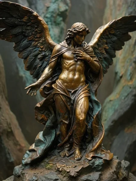 very detailed angel of death, eerie, folded wings, horns, awesome appearance, magical landscape with enchanted elements, fantasy art style, vivid colored theme, intricate details, ultra sharp, exquisite detail, flawless composition, vivid colors, masterpiece, exciting background <lora:Bronze Sculpture SDXL v1.0:1> 7-BronzeSculptures