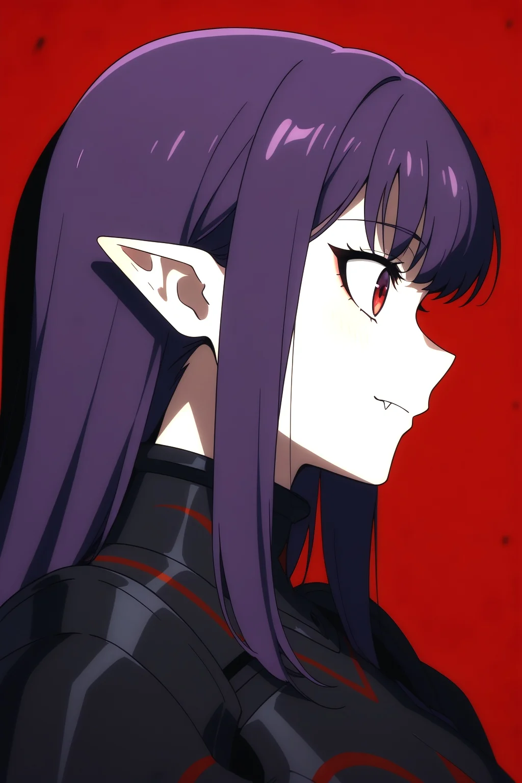 <lora:EsilRadiru:0.8> Esil Radiru, masterpiece, best quality, purple hair, long straight hair, red eyes, pointed ears, fangs, pale skin, red and black armor, confident smile, side profile, looking to the side, upper body portrait, centered composition, vertical composition, red background, dramatic lighting, dark atmosphere, high contrast, volumetric lighting, sharp focus, anime style, high detail, clean lines, detailed armor, metallic reflections