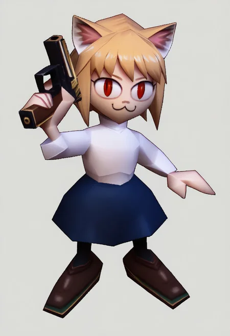 score_9, score_8_up, score_7_up, rating_safe,source_abime,n64zeldastyle, 3d, polygonal, white background, full body,1girl,solo,necoarc,blonde hair, red eyes, slit pupils, cat ears, :3, chibi,turtleneck, white shirt, blue skirt, pleated skirt, pantyhose, brown footwear,gun,holding gun