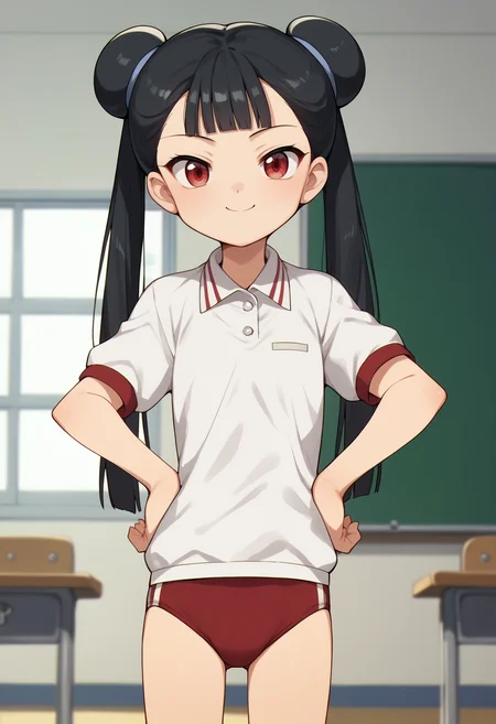 score_9, score_8_up, score_7_up, score_6_up, score_5_up, score_4_up, BREAK, source_anime,
1girl, meilingli, black hair, blunt bangs, double bun, twintails, red eyes,
gym uniform, white shirt, buruma, smile, hands on hips, standing, solo, looking at viewer, indoors, classroom background <lora:MeilingLiXL:1>