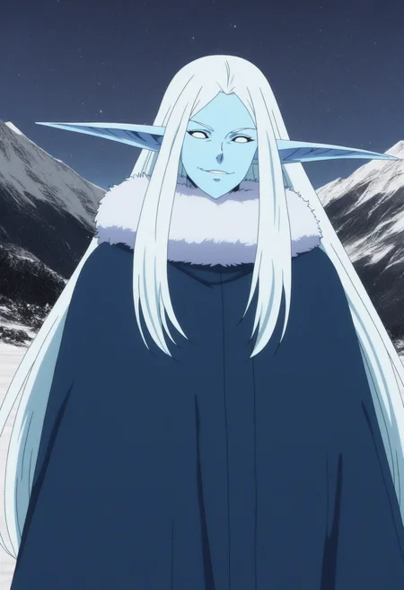 1girl, ice elves, pointy ears, solo, blue skin, white hair, white eyes, long hair, fur trim, detailed image, detailed line art, anime screencap, sharp line art, black shading, (manhwa style:1.2), snow, cinematic composition, (full body:0.6), <lora:anime_screencap:1> anime screencap, anime coloring, best quality, high contrast, detailed background, evil look, snowing, mountain range, blue sky, snow mountians, anime background, <lora:Ice_Elves_Baruka- Illustrious:0.8>