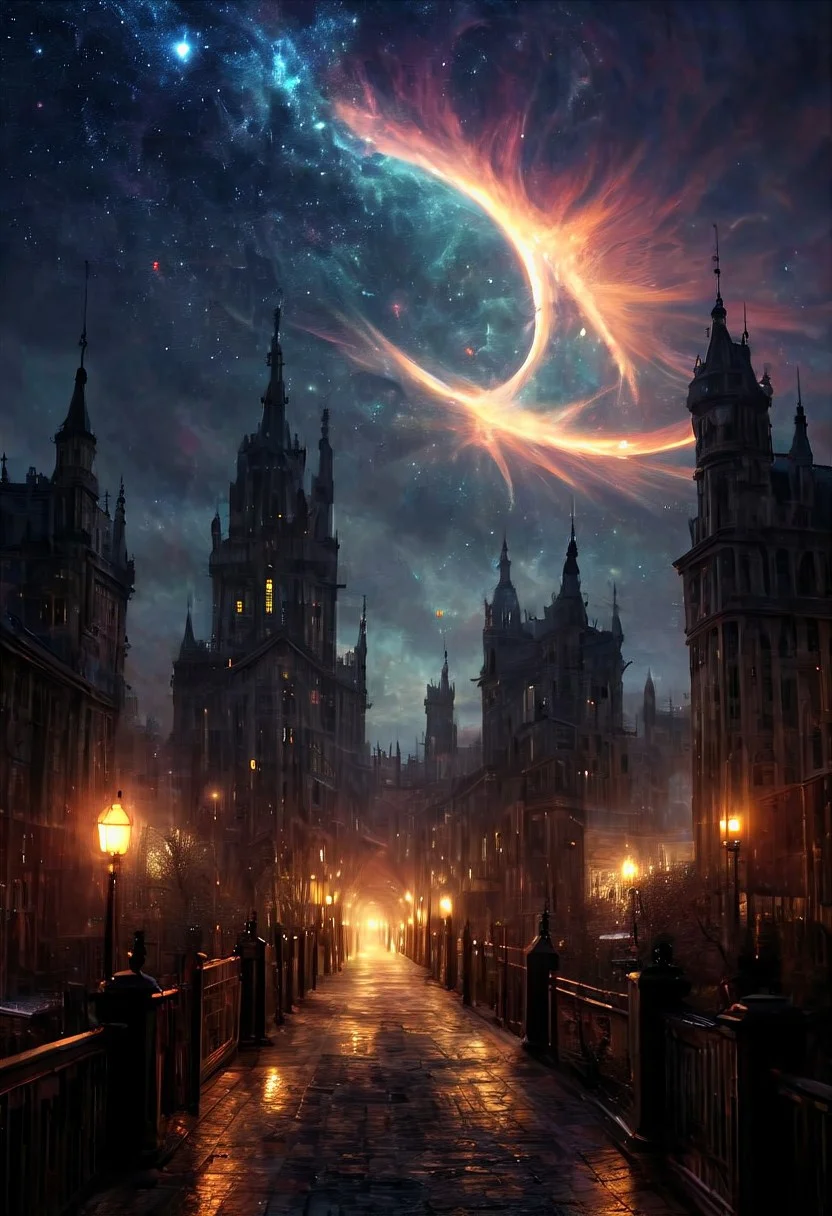 score_9, score_8_up, score_7_up, celestial promenade, the horror of stars, twilight sunshine, heaven help us, cityscape masterpiece, realistic, best quality, cosmic horror, Style-Volumetric, MJgothic, bright horror, st3llar