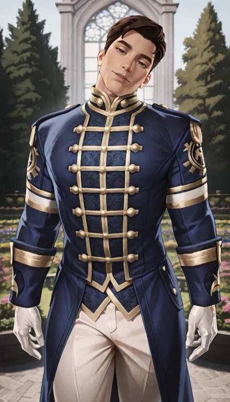 masterpiece,best quality,absurdres,newest,perfect quality,best quality,absolutely eye-catching,detailed background,intricate details,male focus,solo,<lora:Fable 3 - Hero - Illustrious-000006:0.8>,f3hero,1boy,hort hair,brown hair,brown eyes,regal blue coat,short coat,white gloves,head tilt,seductive look,outdoors,garden,striped white pants,