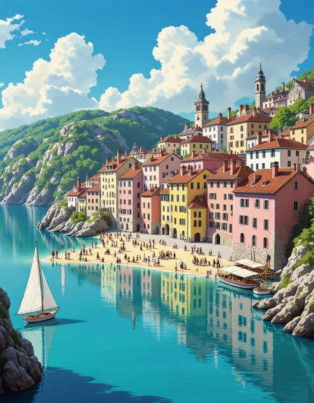 Painting of a scenic italian landscape, cliffy, beach, town, colorful buildings, sail boats,  <lora:Studio_Ghibli_Flux:1> ghiblistyle
 <lora:Flacs_Enhancer:1> ff-enhance