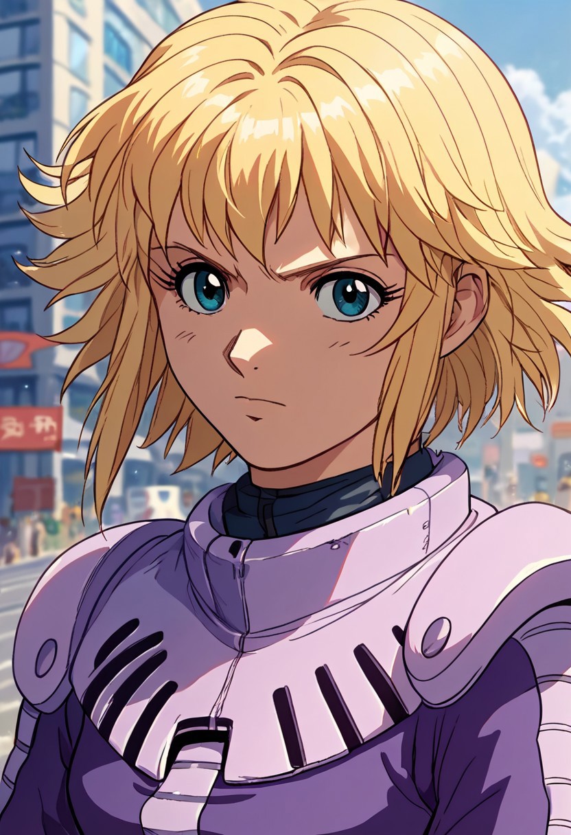 score_9, score_8_up, score_7_up,,source_anime,lilia flaubert,blonde hair,pilotsuit,upper body, close-up,street view, city view