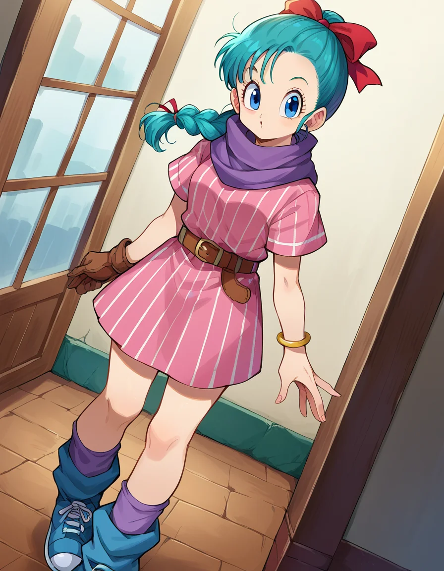 score_9, score_8_up, score_7_up, source_anime,
dragonballbulma, <lora:dragonball-bulma-ponyxl-lora-nochekaiser:1>,
bulma, blue eyes, blue hair,
ankle boots, ankle socks, belt, blue footwear, boots, bracelet, braid, braided ponytail, brown belt, brown gloves, dress, gloves, hair ribbon, jewelry, loose socks, parted bangs, pink dress, purple scarf, purple socks, red ribbon, ribbon, scarf, shoes, short dress, short sleeves, single glove, sneakers, socks, vertical-striped clothes, vertical-striped dress,
indoors,
looking at viewer, dutch angle, cowboy shot,