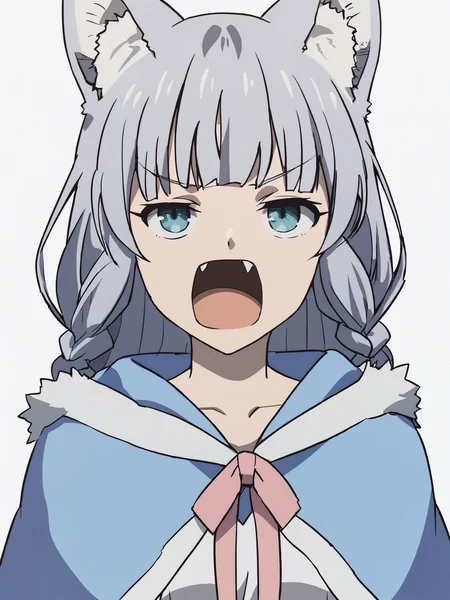 score_9, score_8_up, score_7_up, score_6_up, source_anime, masterpiece, best quality, BREAK, 1girl, white background:1.2, simple background, <lora:Shigure_PDXLv1:0.8> shigure \(kemono michi\), wolf tail, wolf girl, blue hooded capelet, wtf face, ears down, open mouth