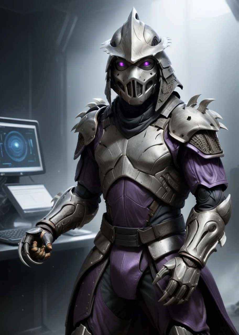 ((full body shot :1.3)) a highres photo of a TMNTShredder 1man armored samurai knight with claw gauntlets, wearing a futuristic full armor purple outfit with pauldrons and futuristic metal samurai helmet with mask and armored boots, his helmet has a dark visor hiding his eyes, in a futuristic facility filled with computers and futuristic machines, <lora:90s_TMNT_Shredder_SDXL:0.8> <lora:compb0t:1>