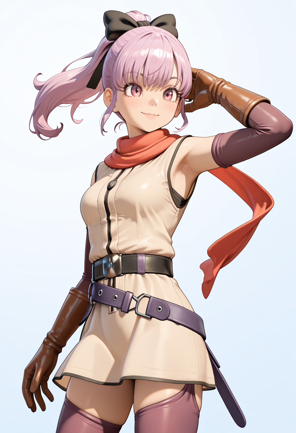 masterpiece, best quality, very aesthetic, absurdres, 1girl, solo,
<lora:dqh2_teresa_v01:0.9>, dqh2_teresa, teresa_normal, pink hair, ponytail, pink eyes,
hair bow, scarf, short dress, gloves, leather gloves, belt, thighhighs, (smile:0.7), posing