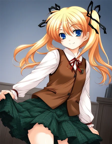 score_9, score_8_up, score_7_up, source_anime, rating_explicit, BREAK <lora:Itsukiï¼Imi_Ver2.0_XL:1> Itsukiï¼Imi, blonde hair, blue eyes, ribbon, long hair, hair ribbon, twintails, short stack,
brown vest, checked skirt, green skirt, long skirt,
smile,
looking at viewer,
cowboy_Shot,
Western-style room,