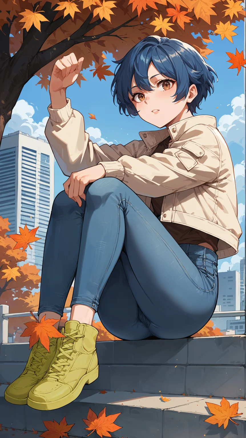 score_9,score_8_up,score_7_up,score_6_up, <lora:xl_more_art-full_v1:0.5>, source_anime, woman, dynamic pose, legs over head, <lora:Anan Kurose (Thirteen) - Pony-000004:0.8>, short hair, blue hair, brown eyes, jeans, cropped jacket, long sleeves, city park, autumn leaves, autumn,