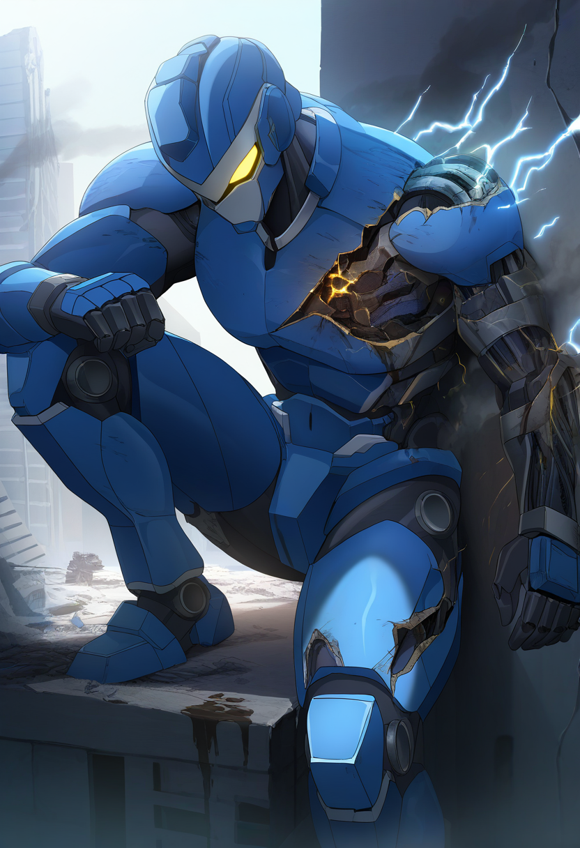 1other, solo, mecha, [robot, muscular male], leaning on wall, (damaged chest, (broken arms, damaged legs)), blue body, 5 fingers, feet, mouthless, helmet, yellow eyes, looking down, city, ruins, smoke, [macro, armor, brown blood, [electricity, [anime screencap]], bright atmosphere, day], (masterpiece, best quality), absurdres, highres